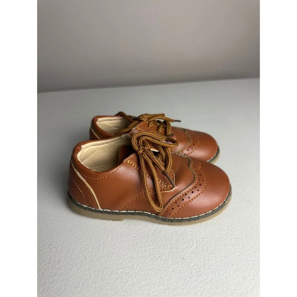 Meck Brown Faux Leather Wingtip Brogue Oxford Dress Shoes Toddler Boys Size 7